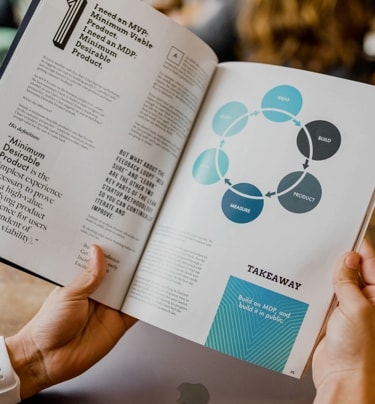 A person holding an open book displaying an article on the 'Minimum Desirable Product' concept, along with a circular flow diagram representing steps like 'Ideas', 'Build', 'Product' and 'Measure'. Text on the opposite page describes the Minimum Viable Product (MVP) strategy and key takeaways.