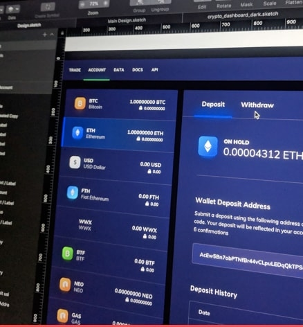 A close-up of a dark-themed digital dashboard interface with a crypto wallet design, showing account balances in various cryptocurrencies including Bitcoin (BTC), Ethereum (ETH), and USD. The screen includes options for 'Deposit' and 'Withdraw' and displays a wallet deposit address.