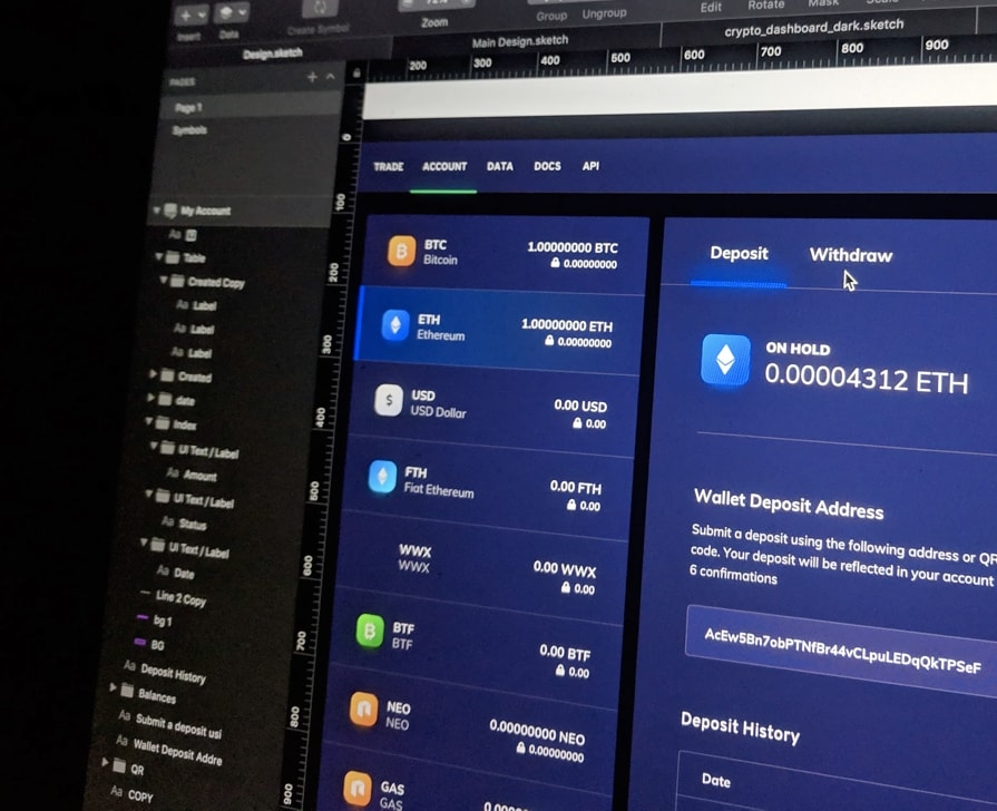 A close-up of a dark-themed digital dashboard interface with a crypto wallet design, showing account balances in various cryptocurrencies including Bitcoin (BTC), Ethereum (ETH), and USD. The screen includes options for 'Deposit' and 'Withdraw' and displays a wallet deposit address.