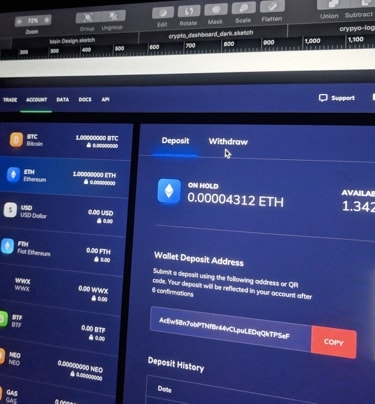 A close-up of a dark-themed digital dashboard interface with a crypto wallet design, showing account balances in various cryptocurrencies including Bitcoin (BTC), Ethereum (ETH), and USD. The screen includes options for 'Deposit' and 'Withdraw' and displays a wallet deposit address.